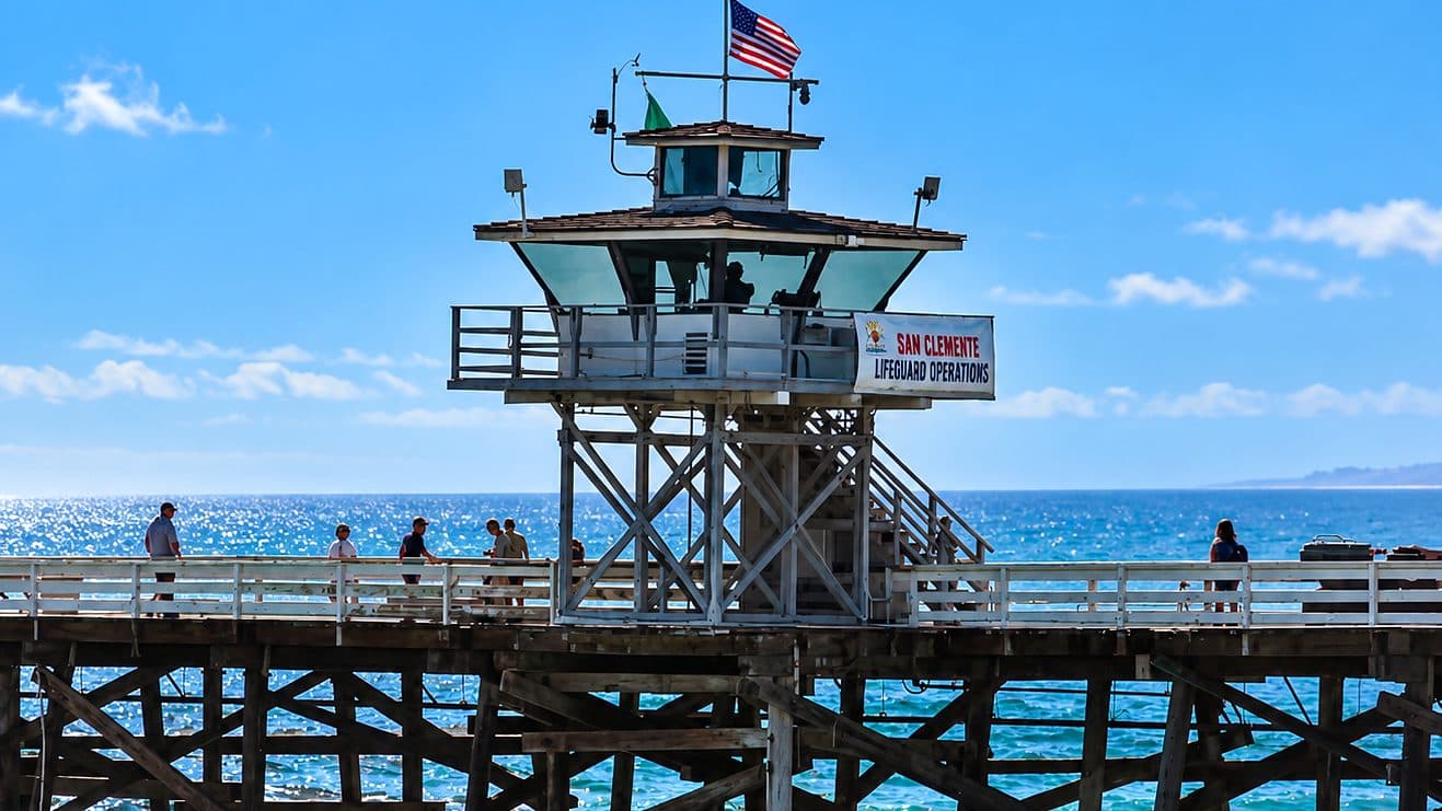 San Clemente Pier lifeguard tower on a sunny day