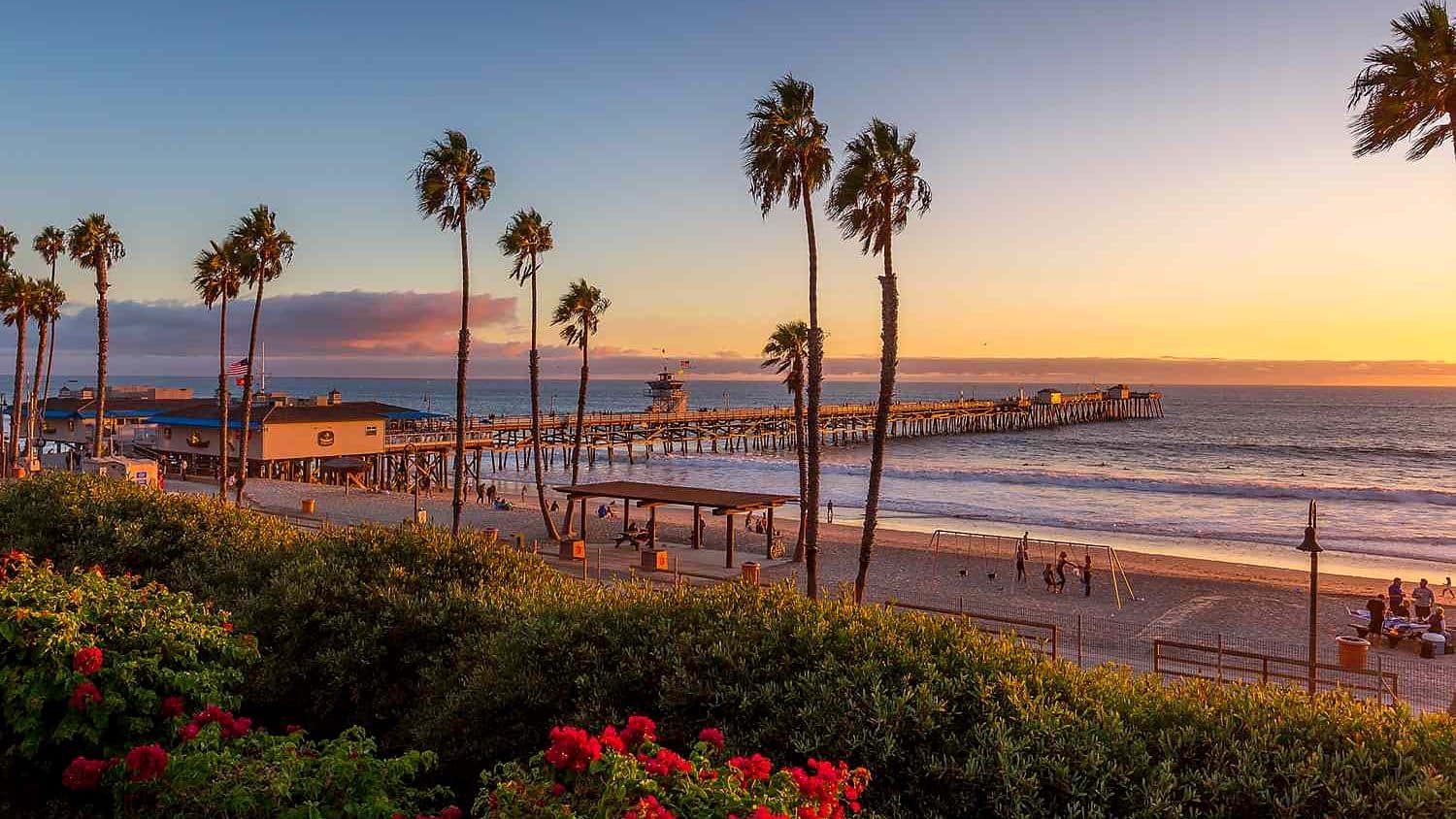 San Clemente Pier at sunset framed by palm trees