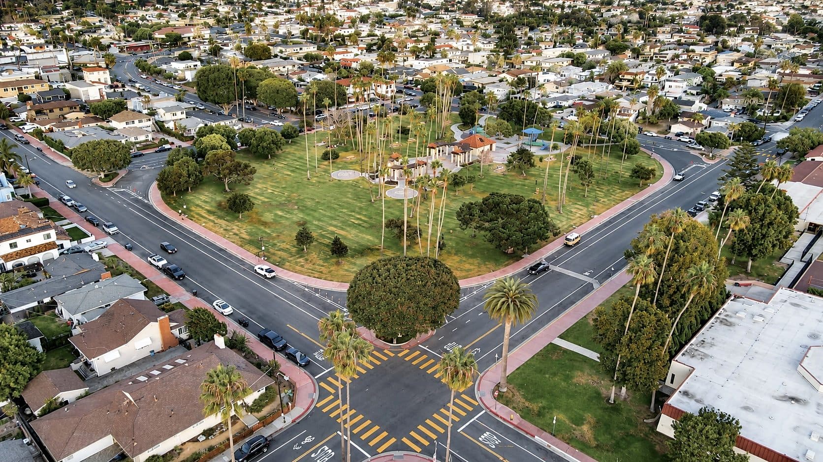 Aerial view of a palm-lined park in San Clemente